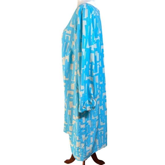 Tahari Graphic Print Crepe de Chine Shift Dress, Keyhole, Turquoise, size 14W - Picture 3 of 14